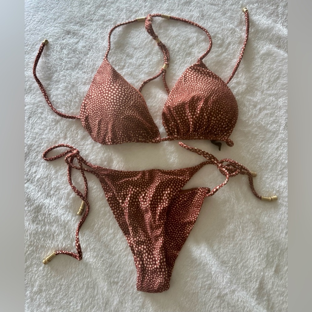Vix Paula Hermanny Brown Polka Dot Bikini Set triangle top L Brazilian bottom S